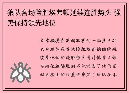 狼队客场险胜埃弗顿延续连胜势头 强势保持领先地位