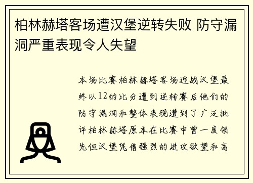 柏林赫塔客场遭汉堡逆转失败 防守漏洞严重表现令人失望