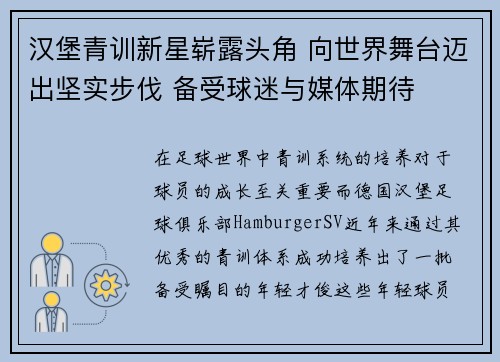 汉堡青训新星崭露头角 向世界舞台迈出坚实步伐 备受球迷与媒体期待