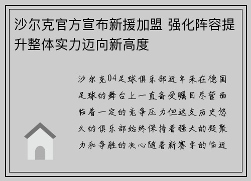 沙尔克官方宣布新援加盟 强化阵容提升整体实力迈向新高度
