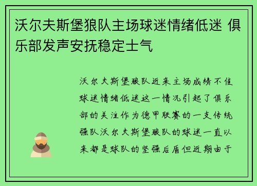 沃尔夫斯堡狼队主场球迷情绪低迷 俱乐部发声安抚稳定士气