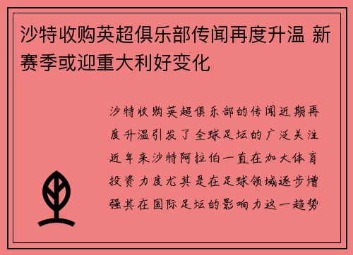 沙特收购英超俱乐部传闻再度升温 新赛季或迎重大利好变化