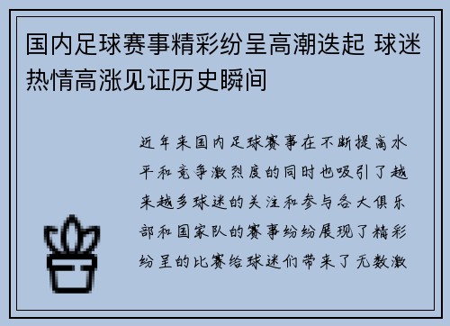 国内足球赛事精彩纷呈高潮迭起 球迷热情高涨见证历史瞬间