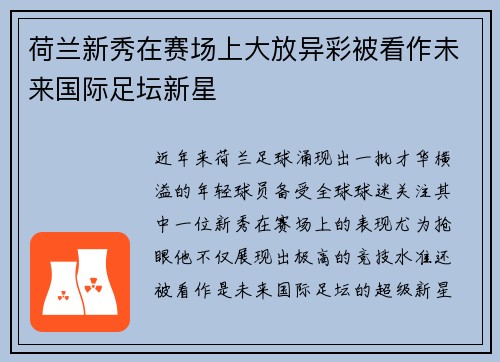 荷兰新秀在赛场上大放异彩被看作未来国际足坛新星